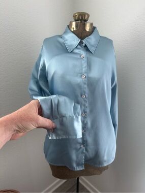 Satin Button-Up Blouse in Dusty Blue